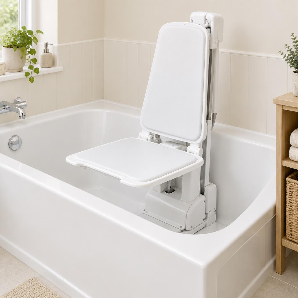 Powered bath lift seat fitted inside a domestic white bath