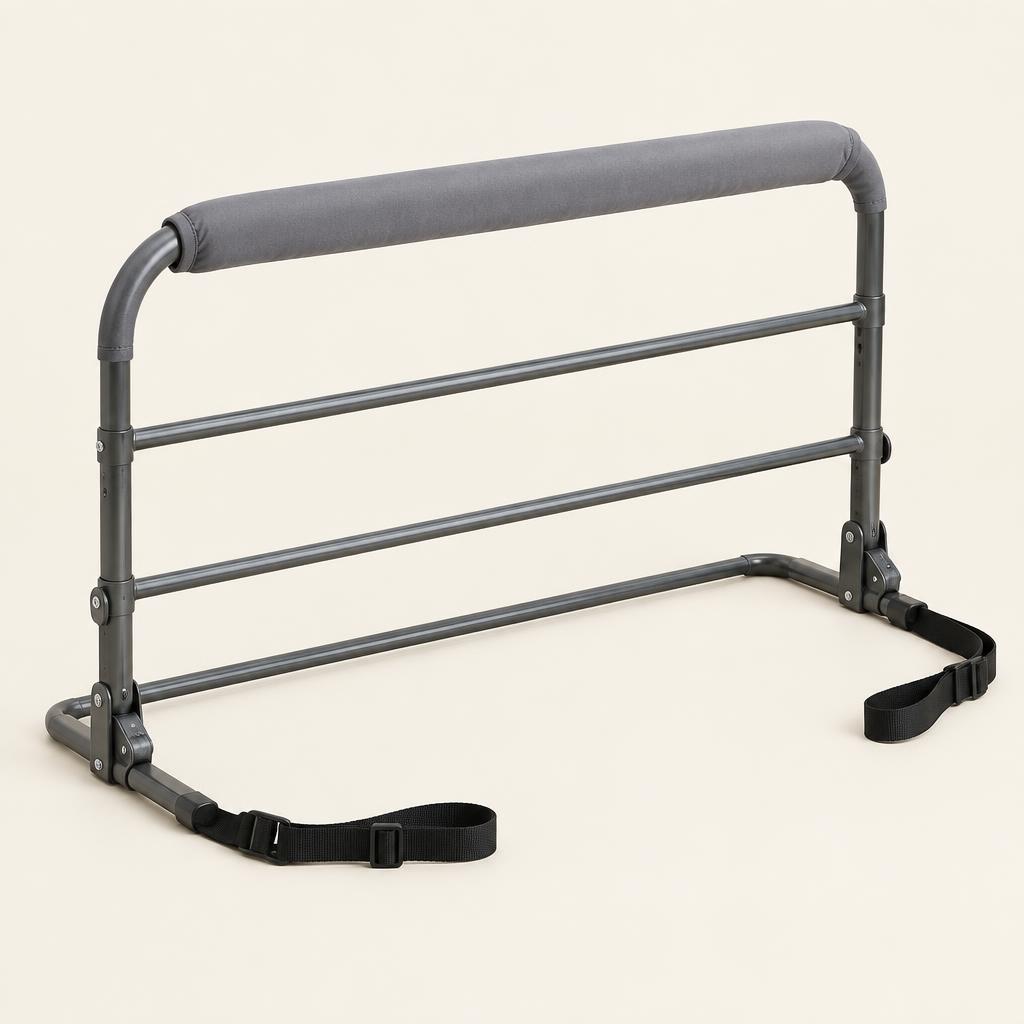 Folding metal bed rail attached to the side of a domestic bed
