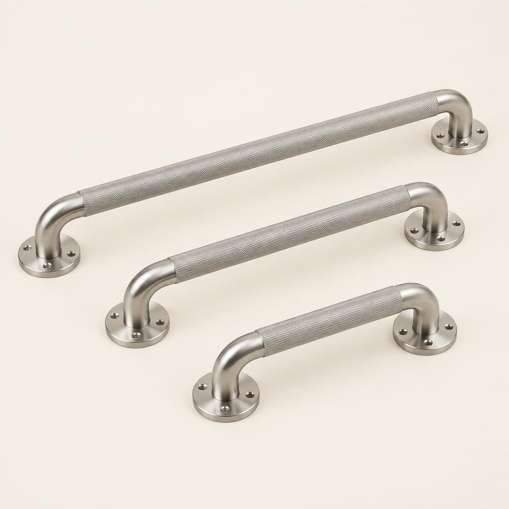 Set of three stainless steel grab rails with knurled grip