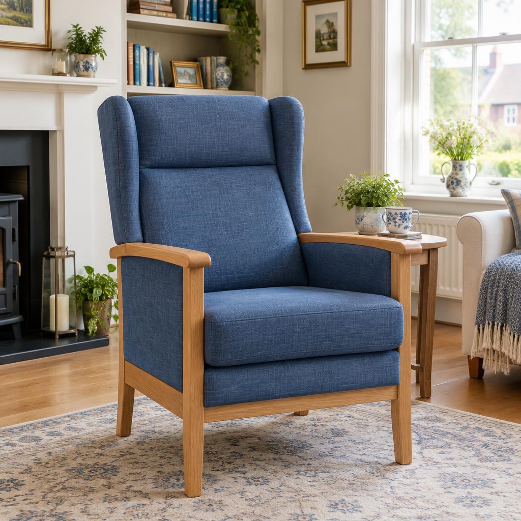 Supportive high seat armchair with wooden arms in blue fabric