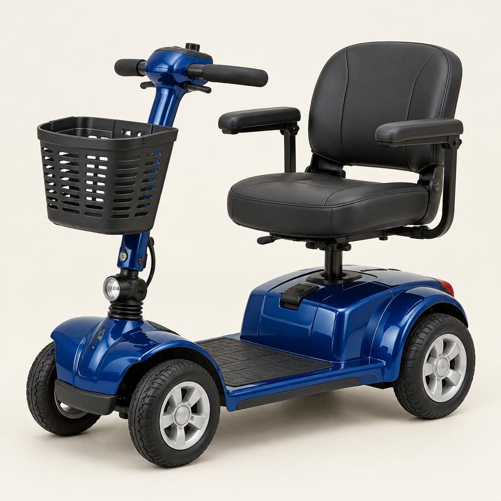 Compact boot class mobility scooter with a front basket