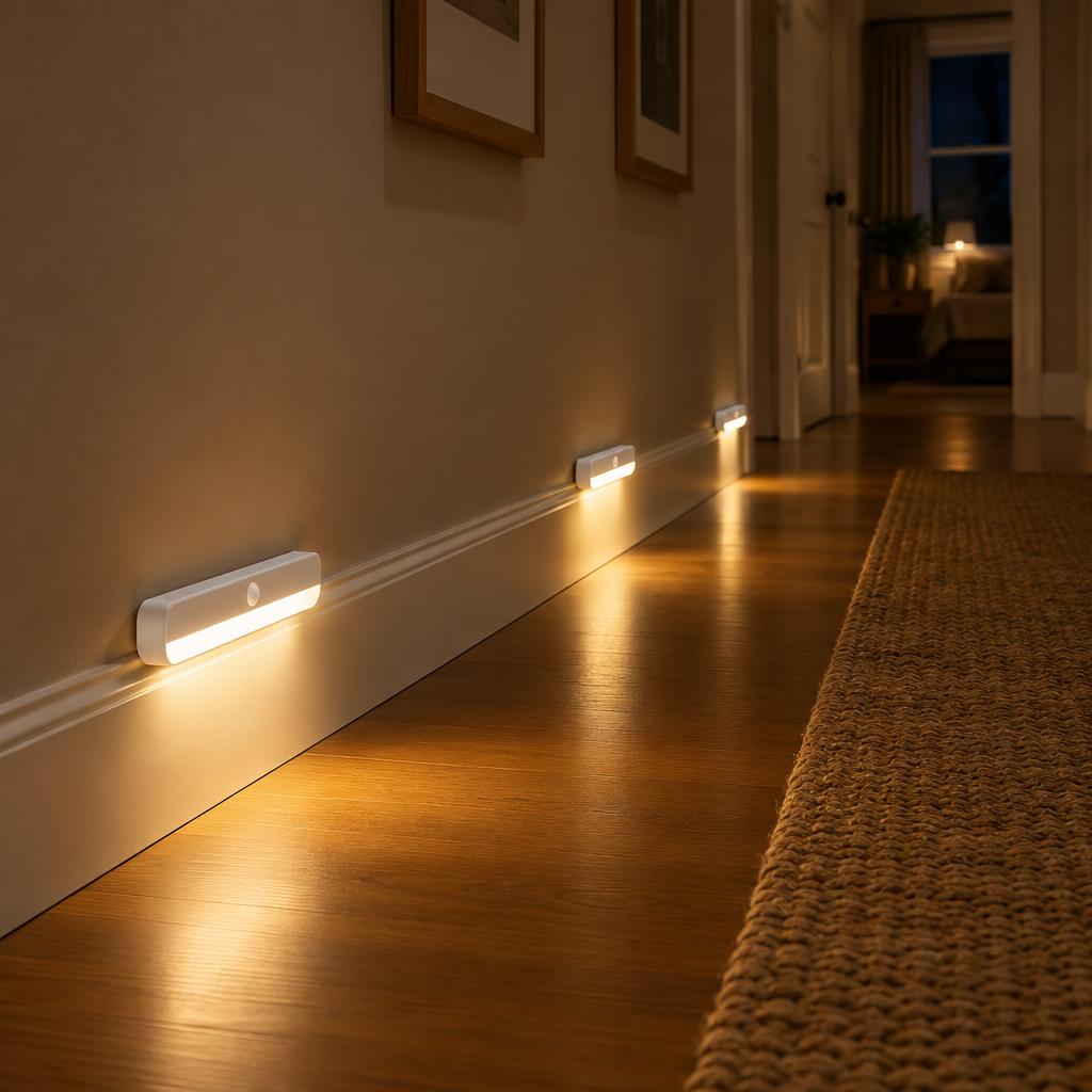Set of motion activated night lights along a hallway skirting