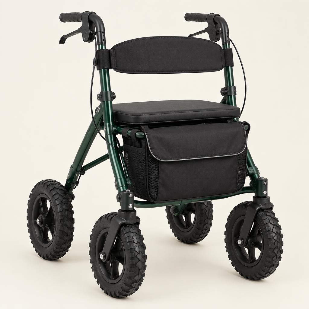 All terrain rollator with large wheels on a garden path