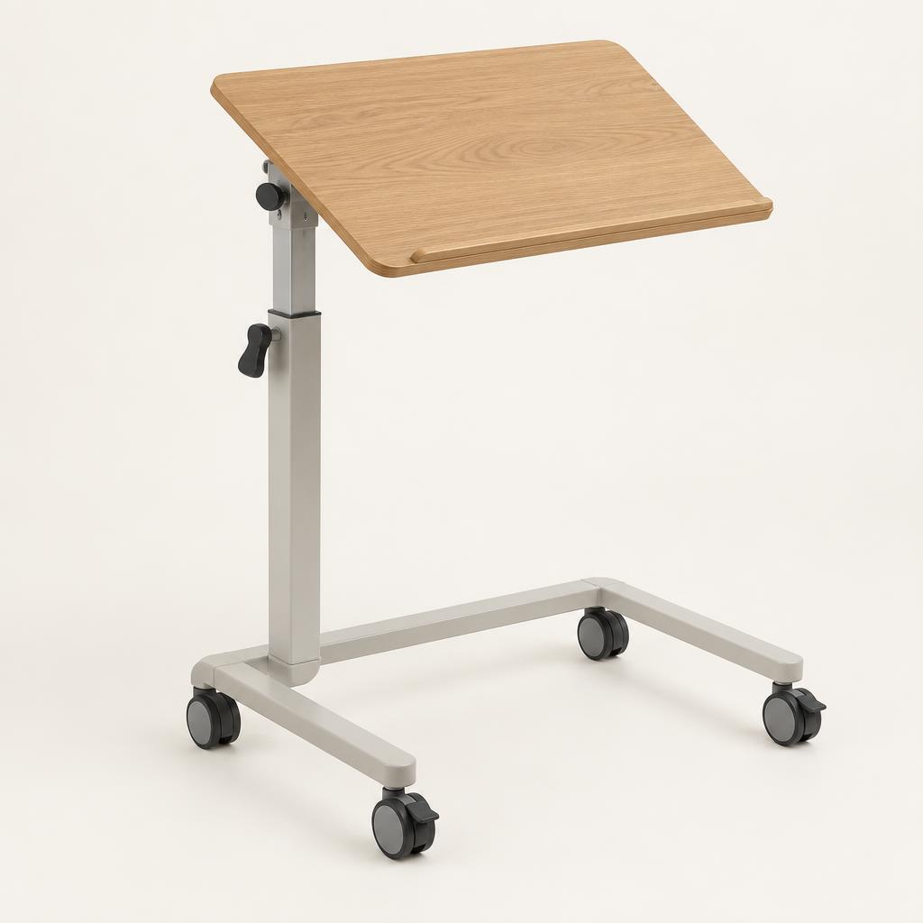 Height adjustable overbed table with a tilting wooden effect top