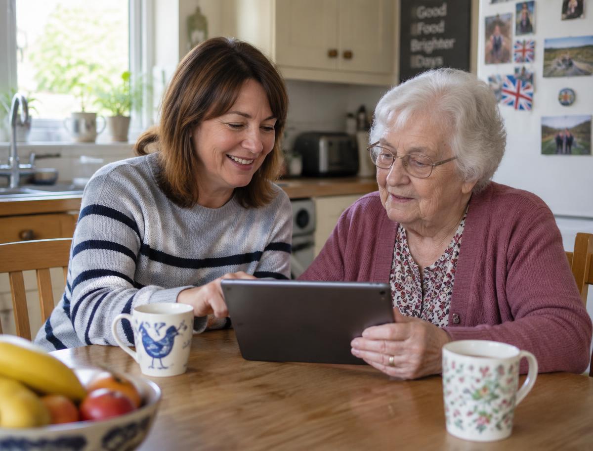 An adult daughter and her senior adult mother looking at a tablet together at a kitchen table