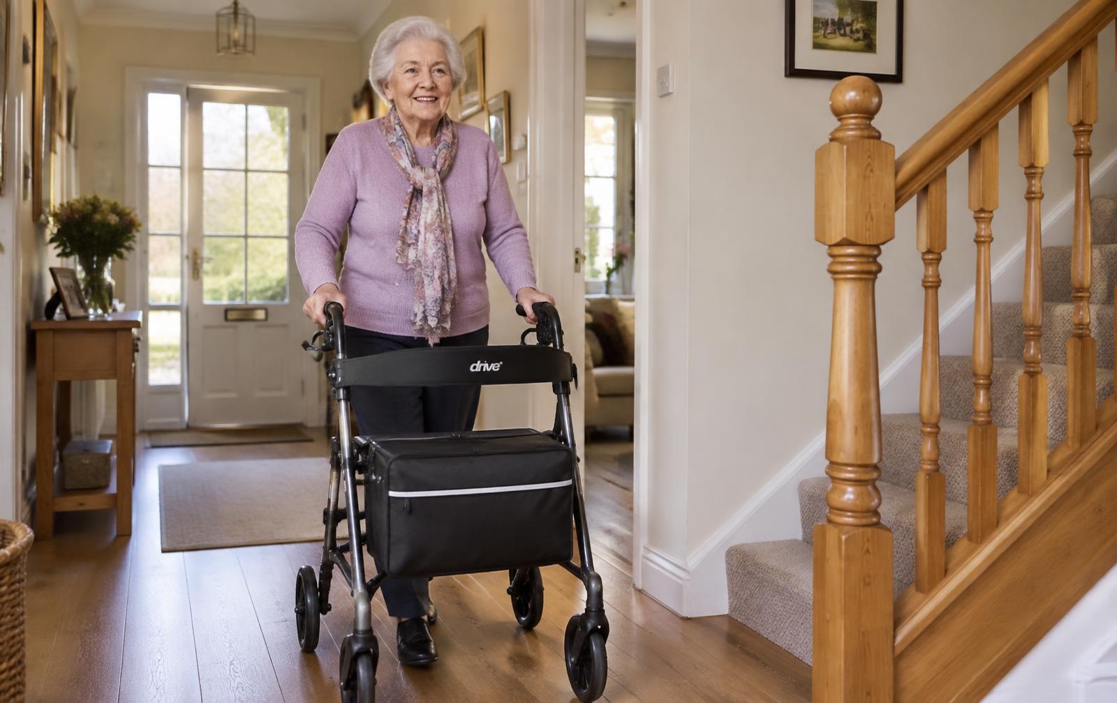 A senior adult walking with a rollator in the hallway of her own home