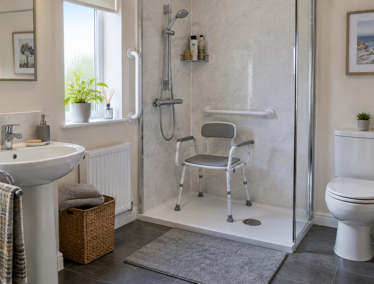 A domestic UK bathroom with a shower chair and grab rails fitted