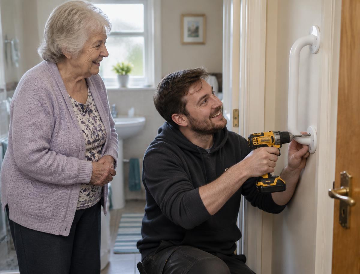 A tradesperson fitting a grab rail in a home while the resident looks on
