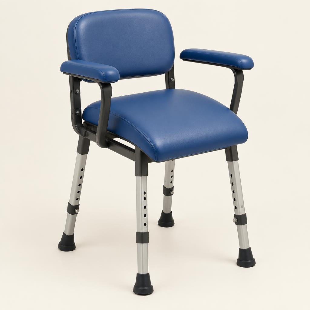Padded perching stool with arms and a sloping seat in a kitchen