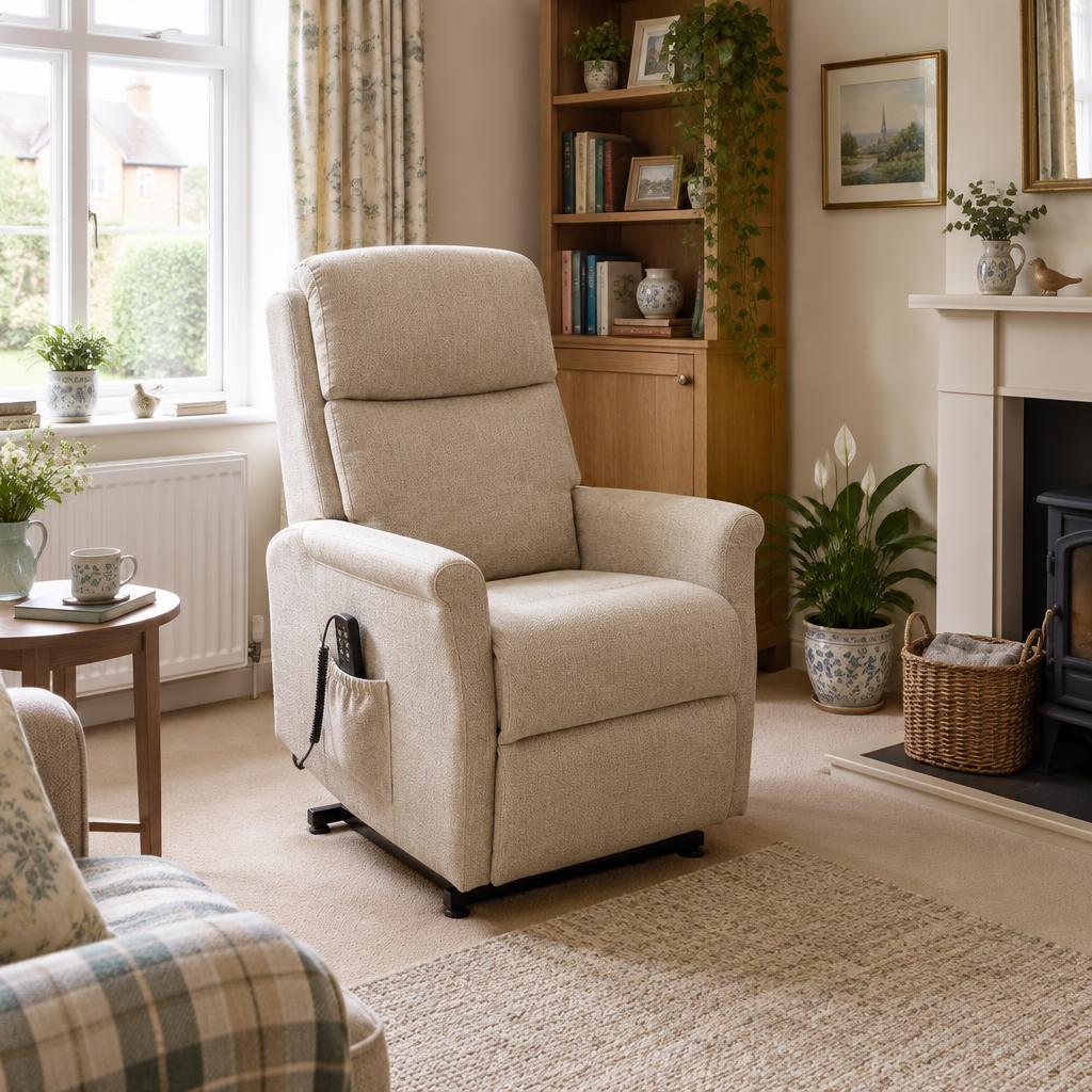 Compact petite riser recliner chair in warm beige fabric