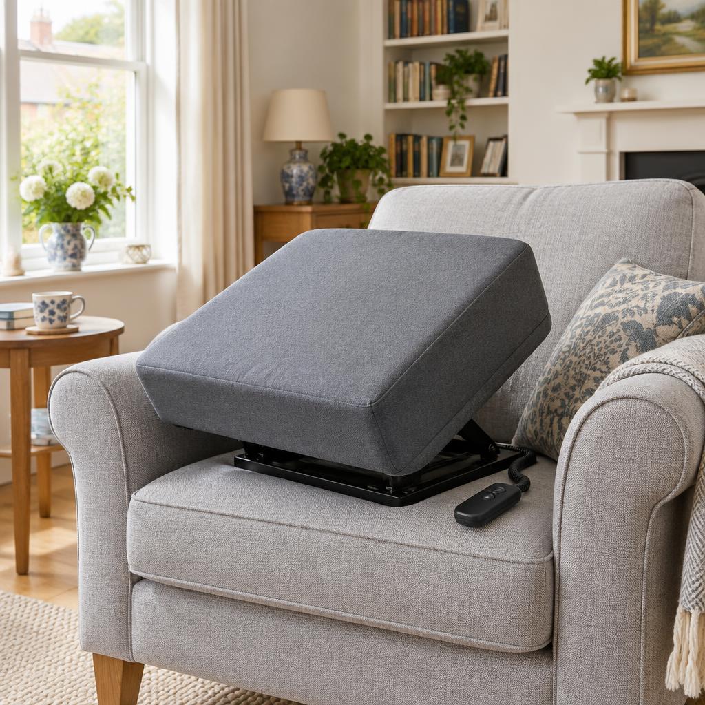 Powered riser cushion tilted forward on a fabric armchair