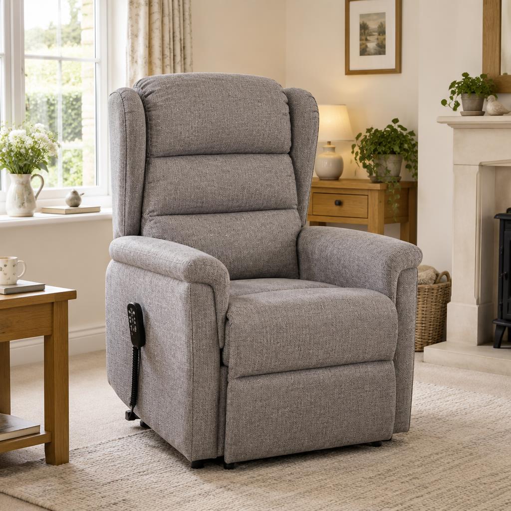 Dual motor riser recliner armchair in soft grey fabric