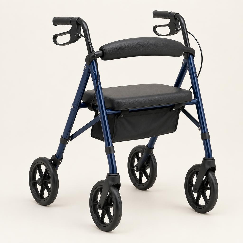 Lightweight four wheeled rollator with padded seat and loop brakes
