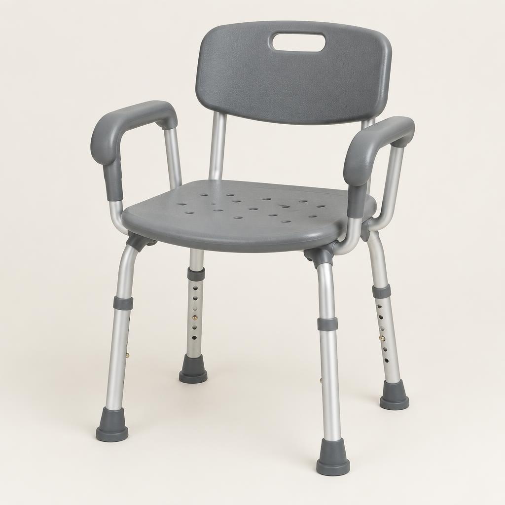 White and grey height adjustable shower chair with backrest and arms