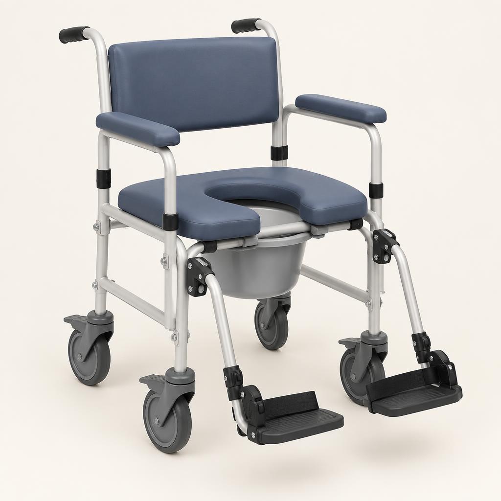 Wheeled shower commode chair with padded seat and footrests