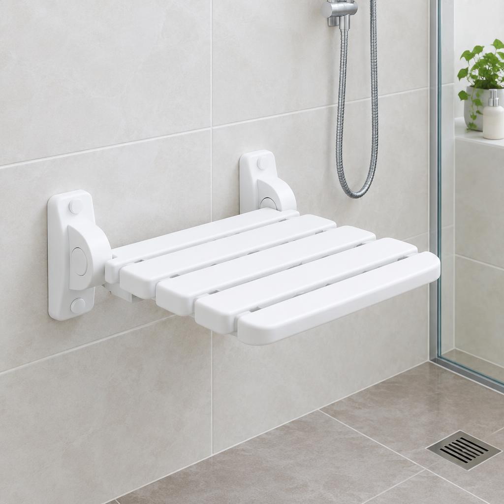 White folding wall mounted shower seat in a tiled shower