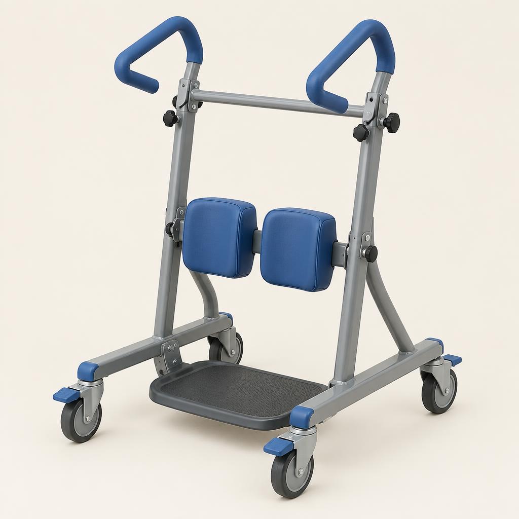Standing and transfer aid frame with handles and knee pads