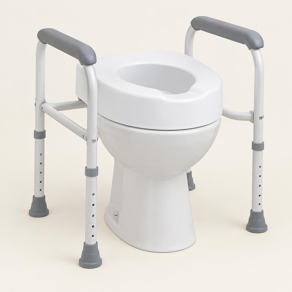 Raised toilet seat with a surrounding support frame and arms