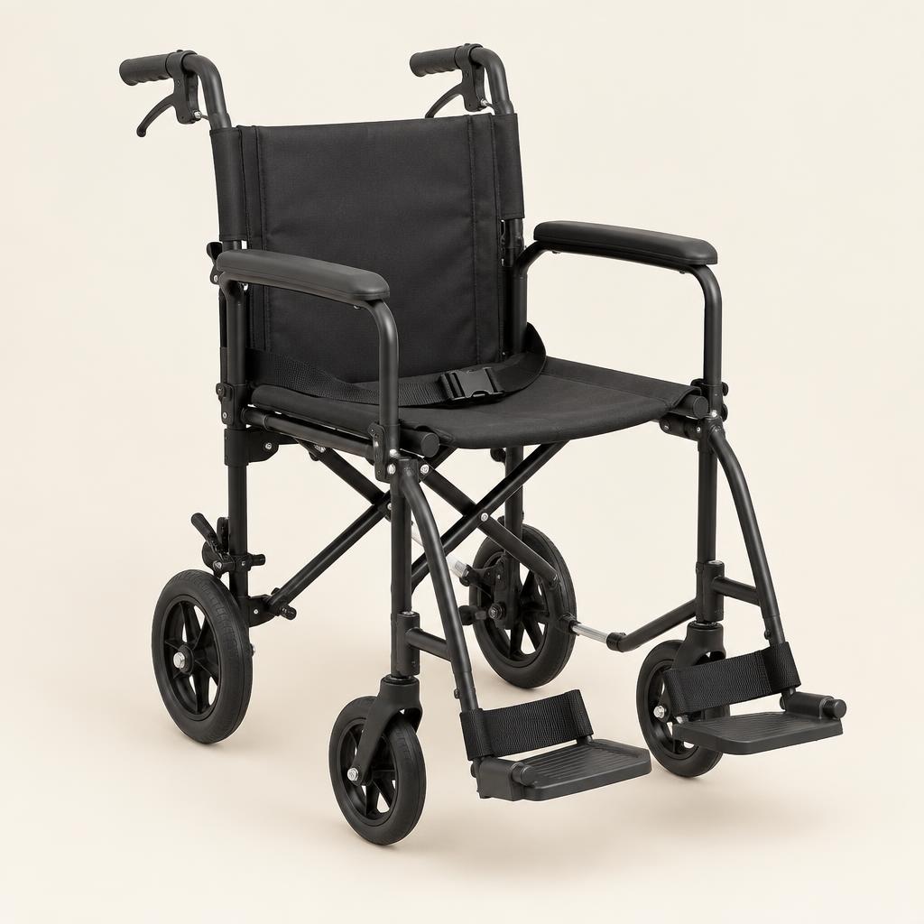 Compact folding transit wheelchair with push handles