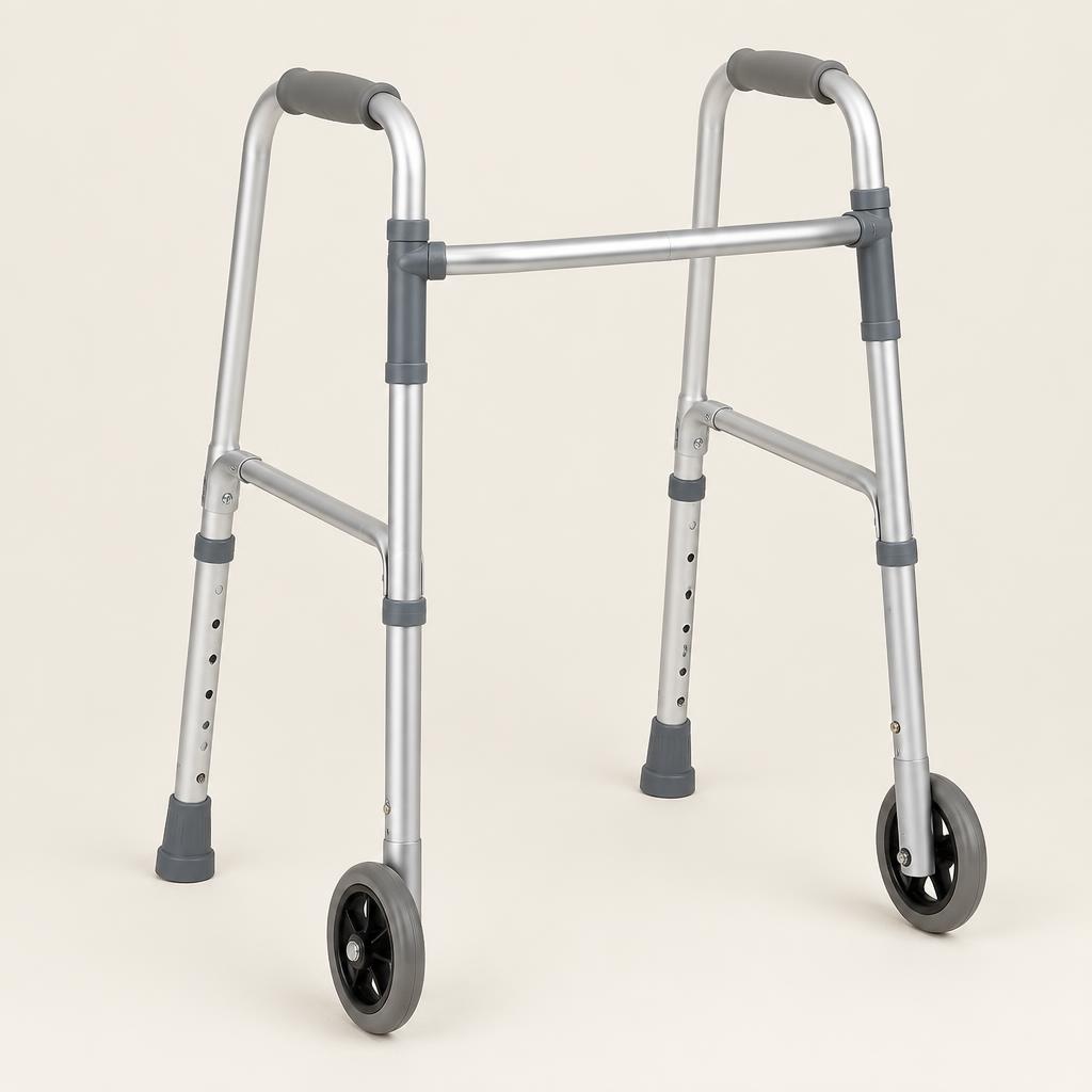 Wheeled walking frame with two front wheels and grey handles